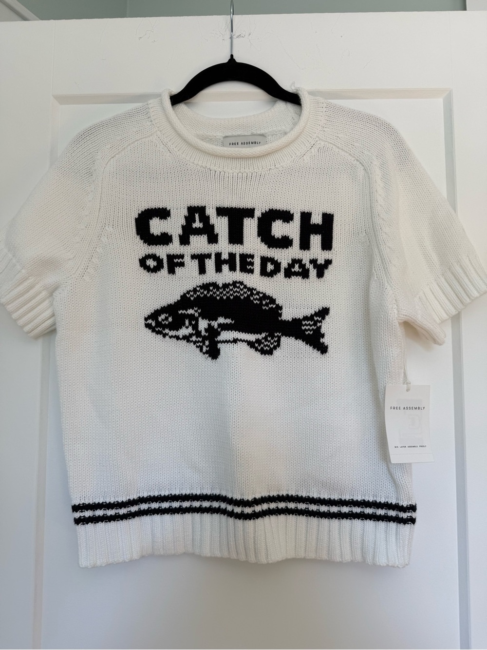 NWT Free Assembly Catch of the Day Fish Sweater Cream L 12-14